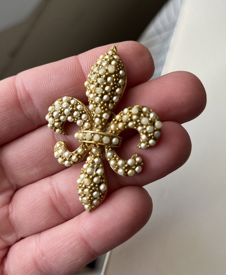 Vintage Seed Pearl Brooch Lot BSK ART TACOA moon fleur de lis Victorian Revival