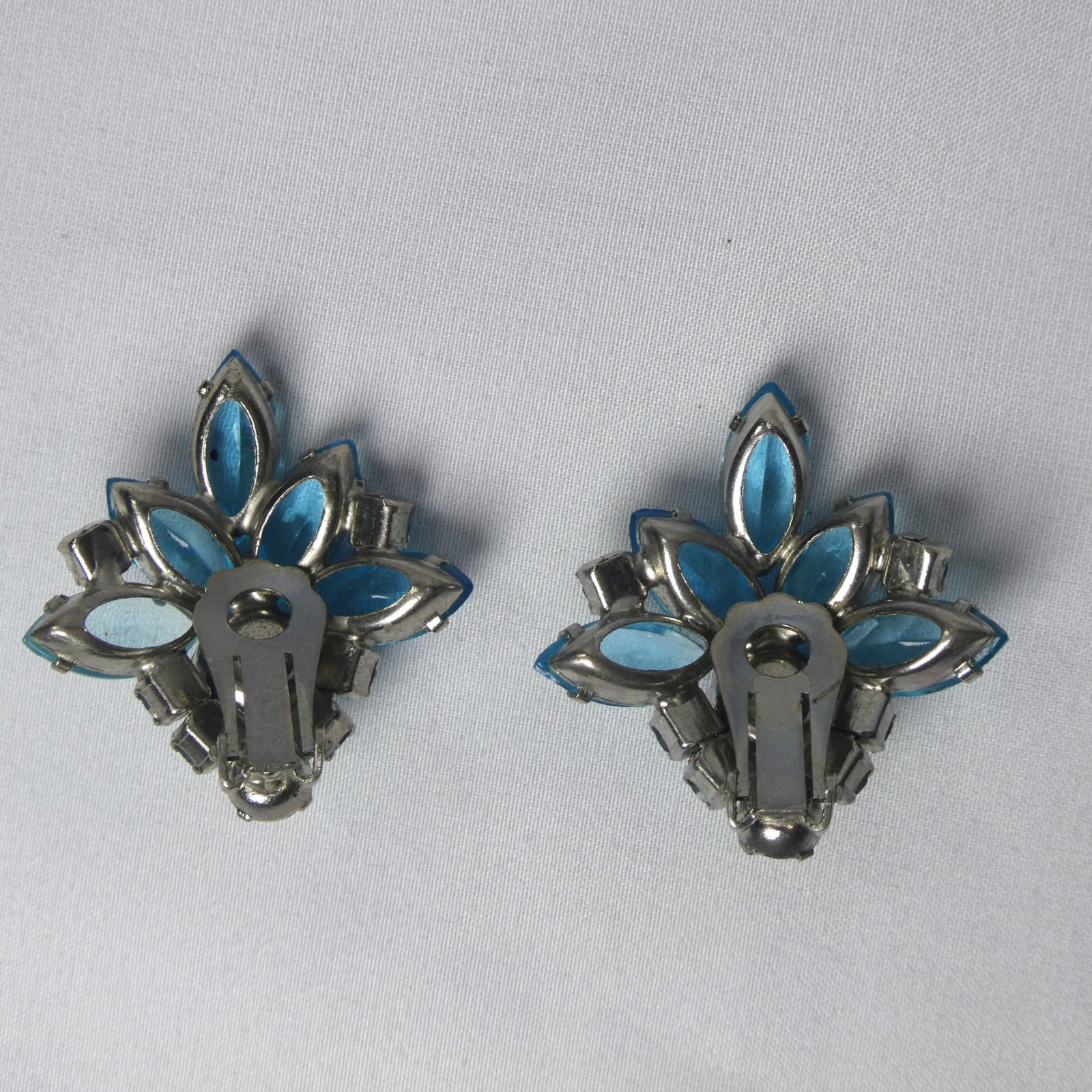 Borealis & Blue Crystal Silver Tone Setting Ear Clips Canada circa 1950s Costume