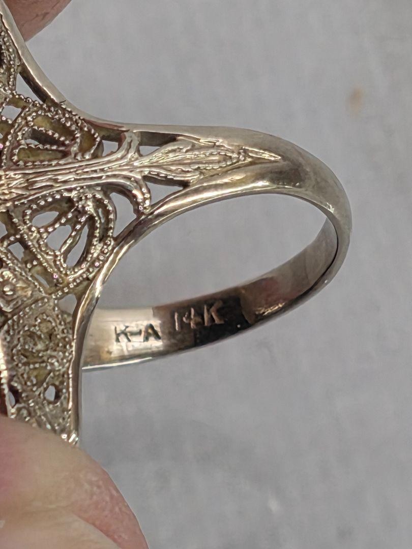 Victorian 14k White Gold Filigree Diamond & Black Onyx Ring Size 4.75