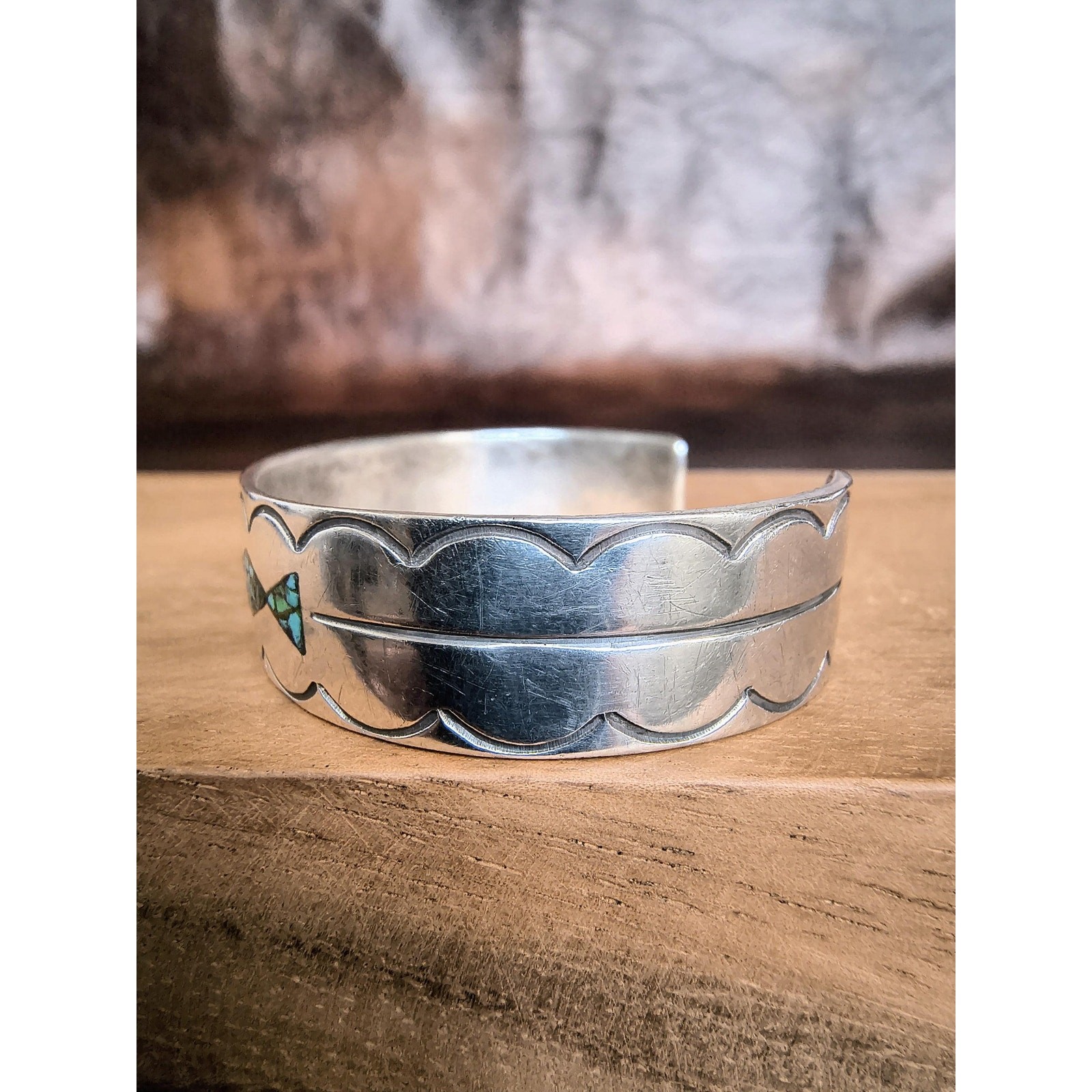 Vintage Sterling Silver Turquoise Chip Inlay Cuff Bracelet Southwestern Stamped