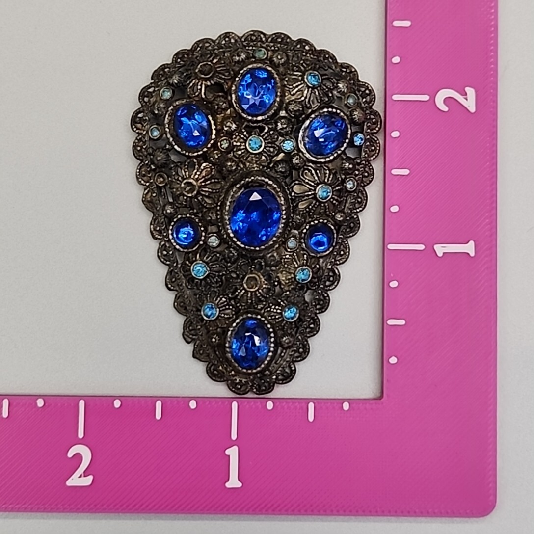 Vintage Dress Clip New England Glassworks Blue Rhinestones 2 3/8″