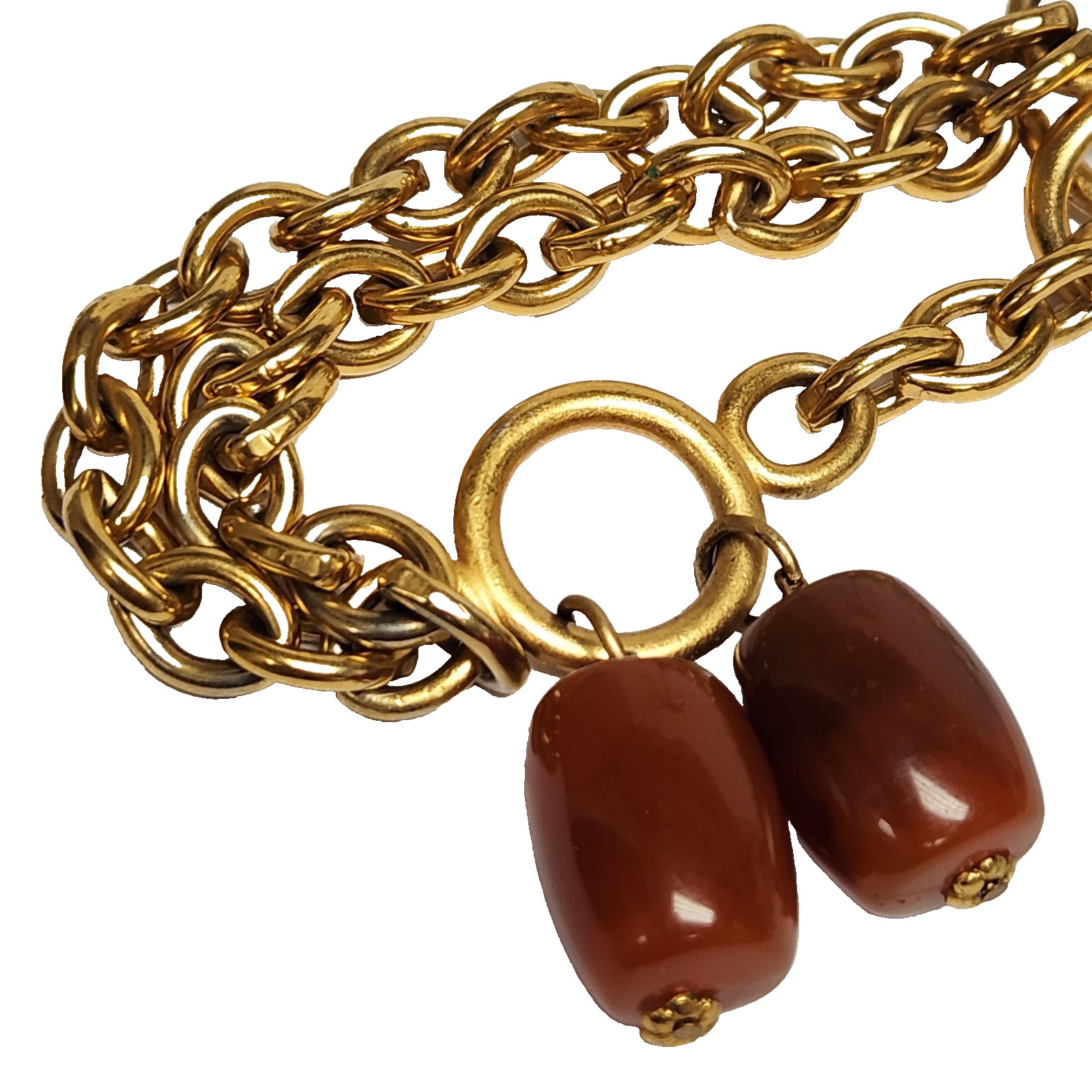 Vintage 80’s Brushed Gold Tone Double Rolo Link Toggle Bracelet Barrell Dangles