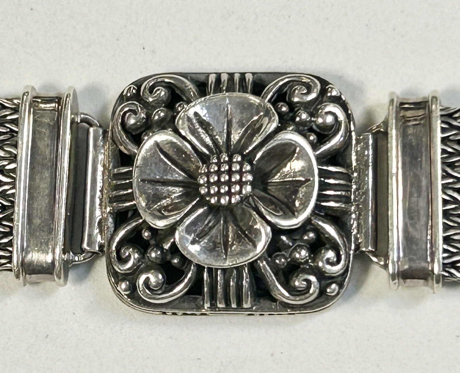 Vintage Floral .925 Sterling Silver Multi Strand Wheat Chain Bracelet