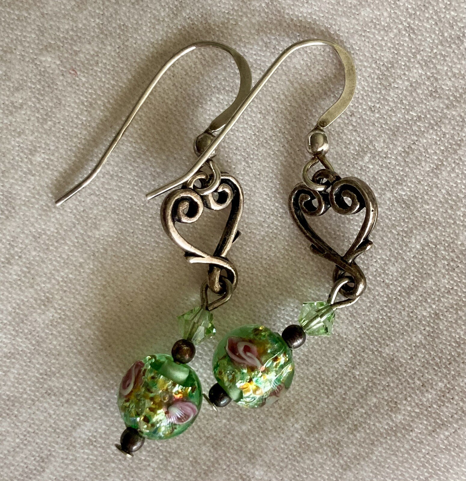 Sterling Silver Heart Round Glass Bead Earrings Dangle Drop Green Pink 1.75inch