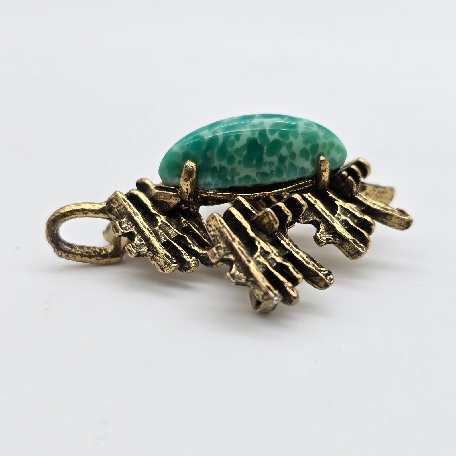 Vintage ZENTALL Brutalist Green Glass Gold Tone Brooch / Pendant