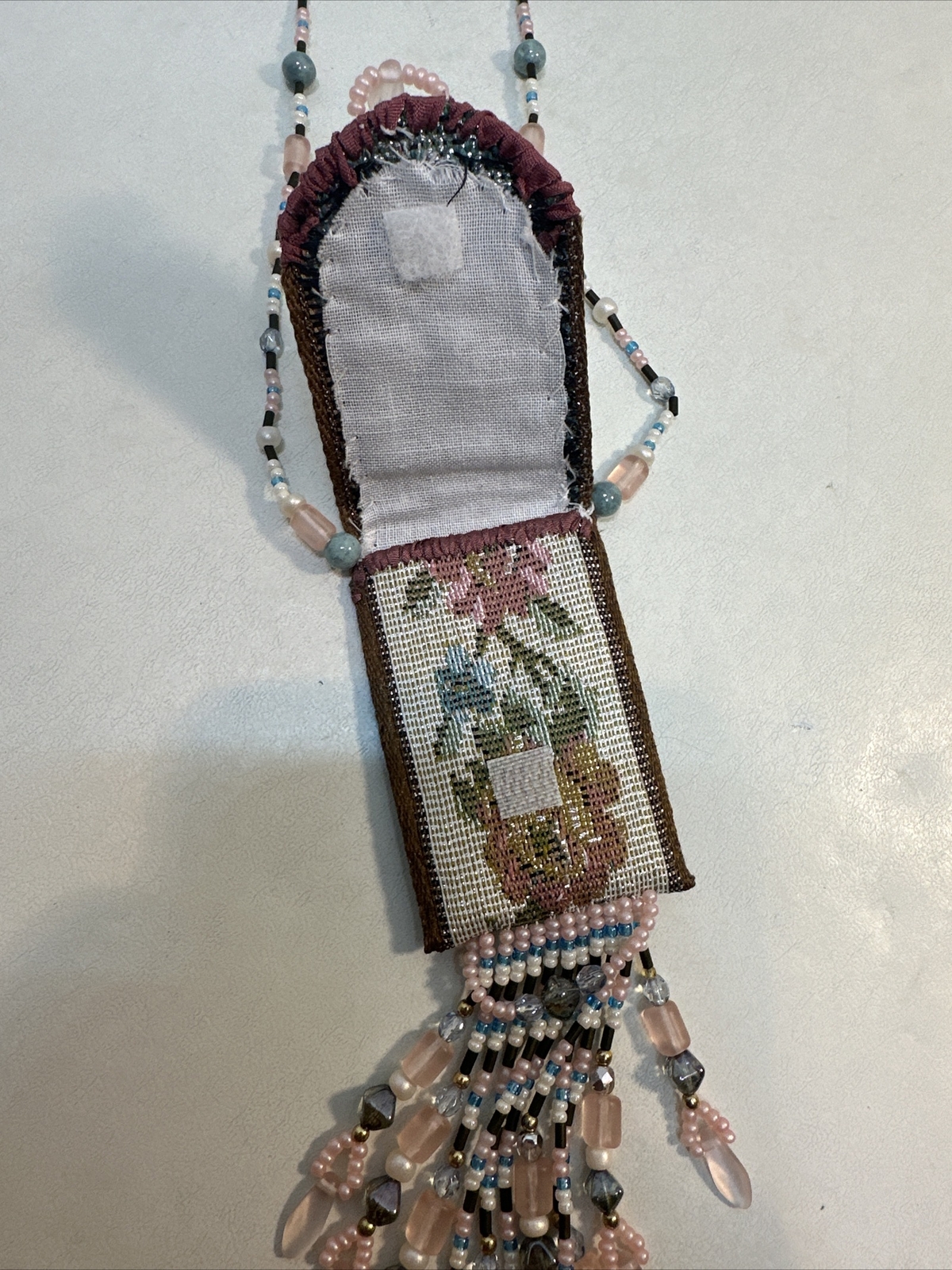 Vintage Needlepoint Handmade Purse Seed Bead Necklace Beaded Fringe-Bo Ho-Hippie