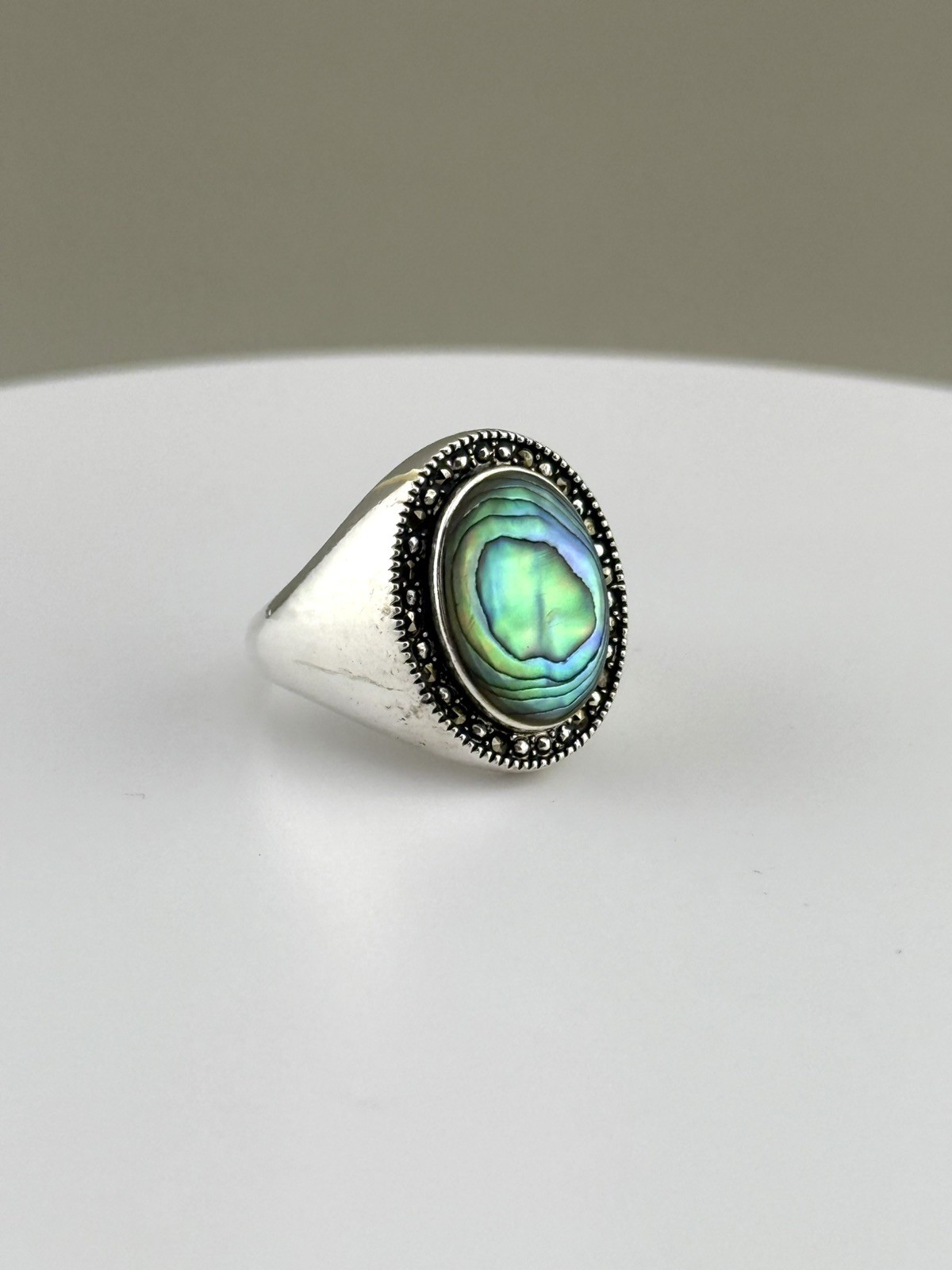 Sterling Abalone Marcasite Ring Size 7 Oval Halo Signed CW Charles Winston