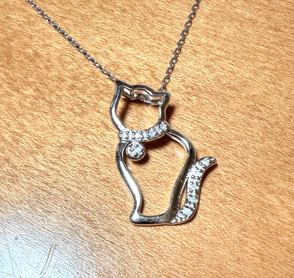 VINTAGE STERLING SILVER 925 CZ CAT KITTY CHARLES WINSTON CW PENDANT & 18″ CHAIN