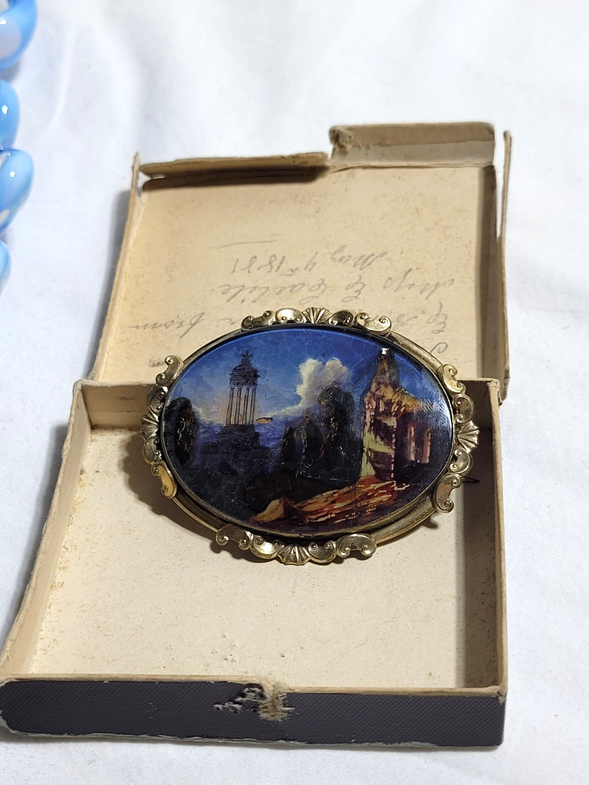Antique Lane’s Royal Pearl Glass Landscape Brooch Gifted May 1881 Original Box