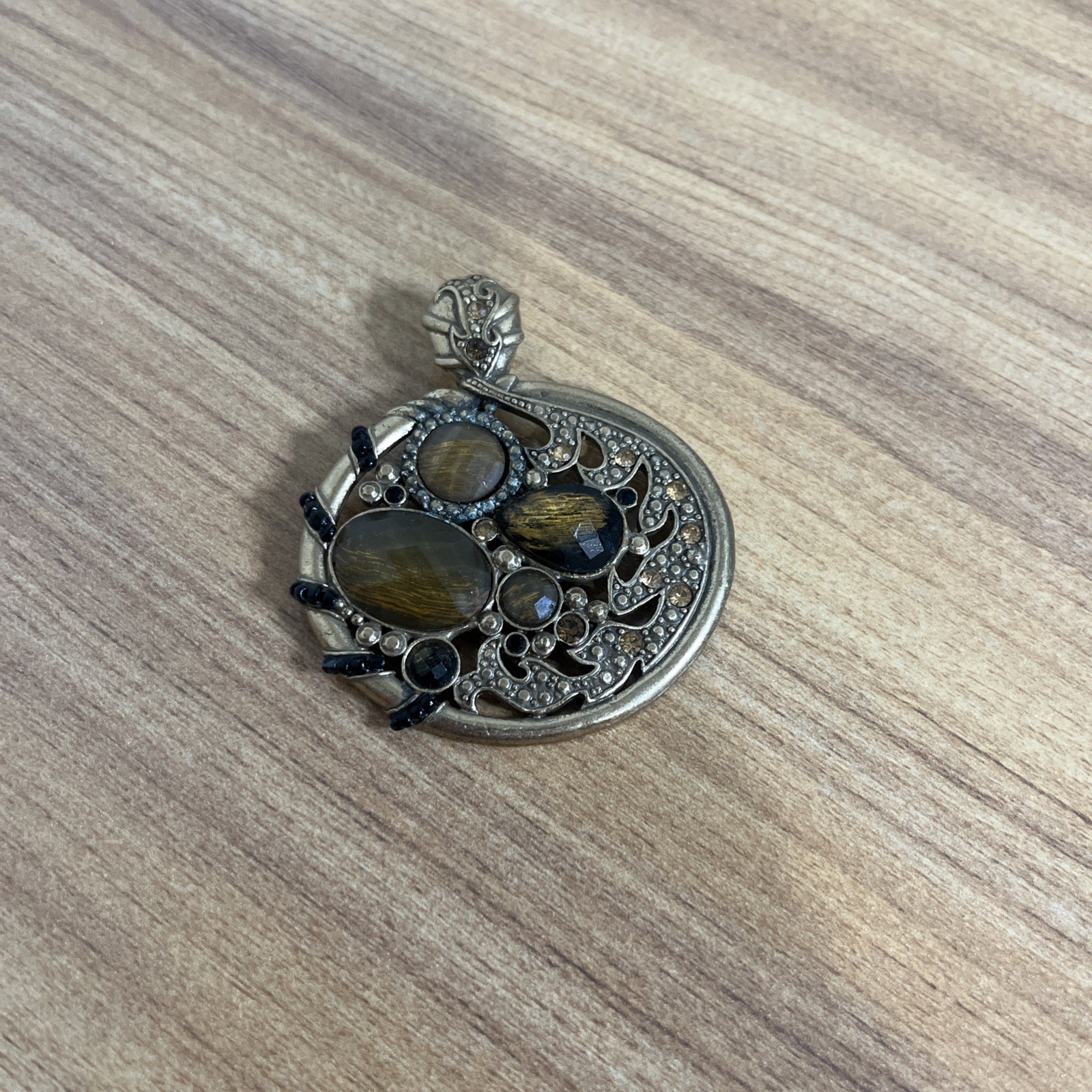 Lia Sophia Amber Stone Rhinestone Brass Round Pendant