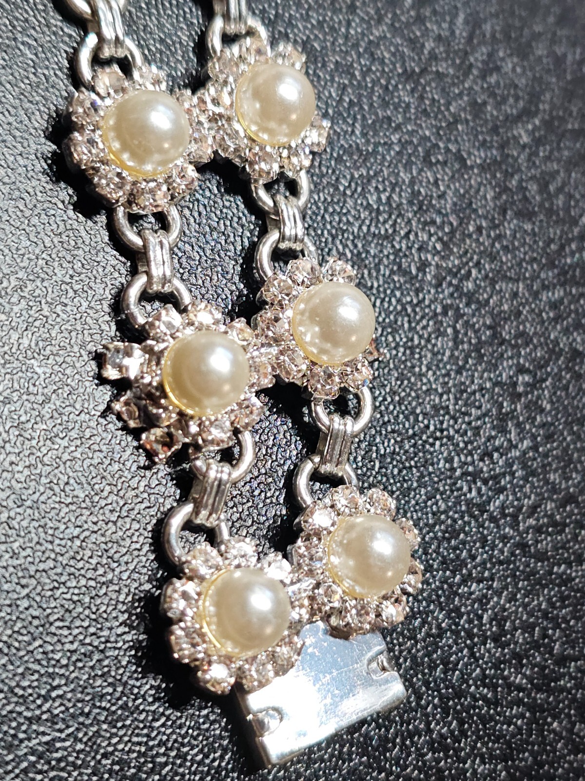Vtg Faux Pearl Clear Glass Rhinestone Bracelet Great for Wedding!