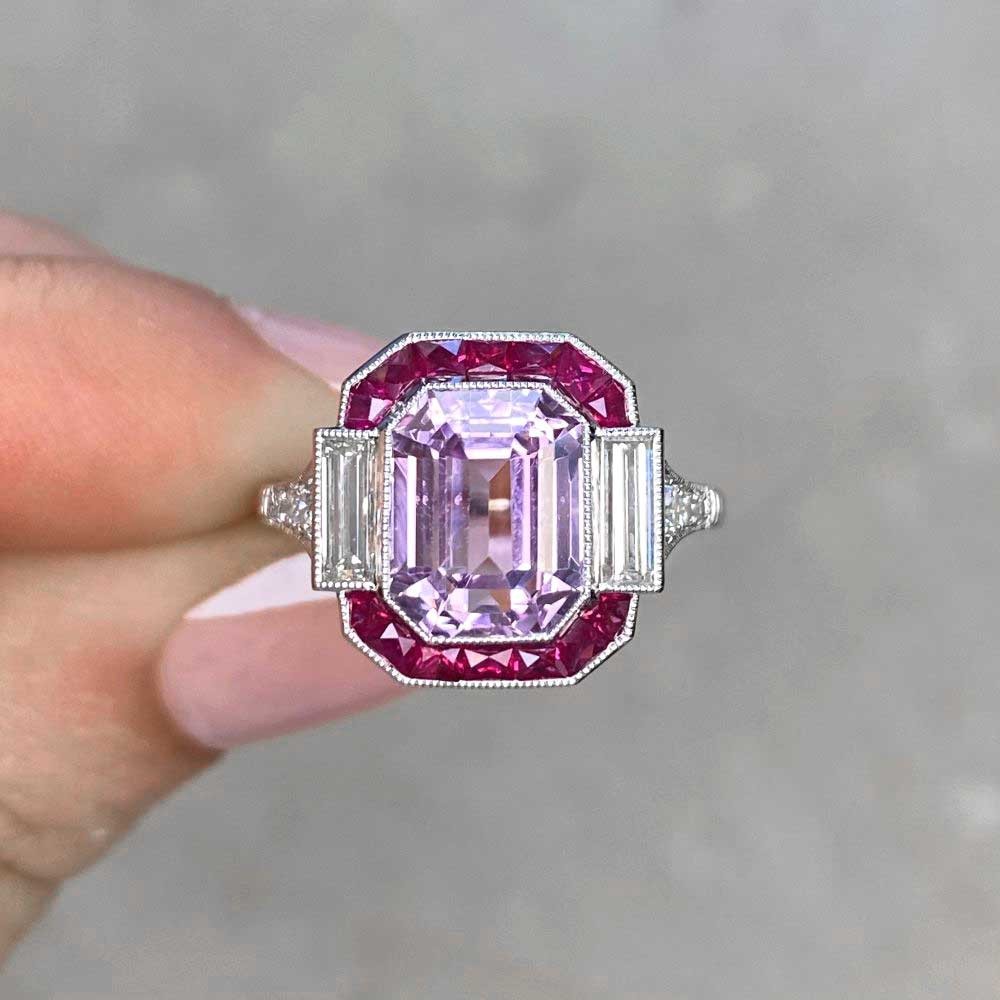 Art Deco Style 4Ct Lab Created Pink Sapphire Engagement 14K White Gold FN Ring