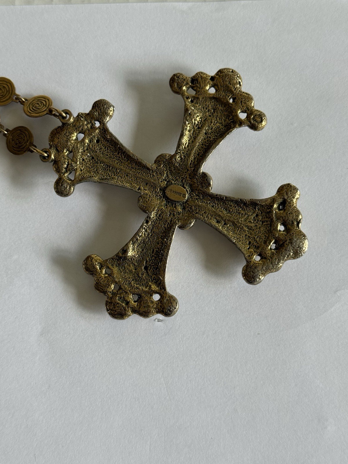 Vintage Jeanne Signed 1960s Maltese Cross Goldtone LARGE Pendant Necklace