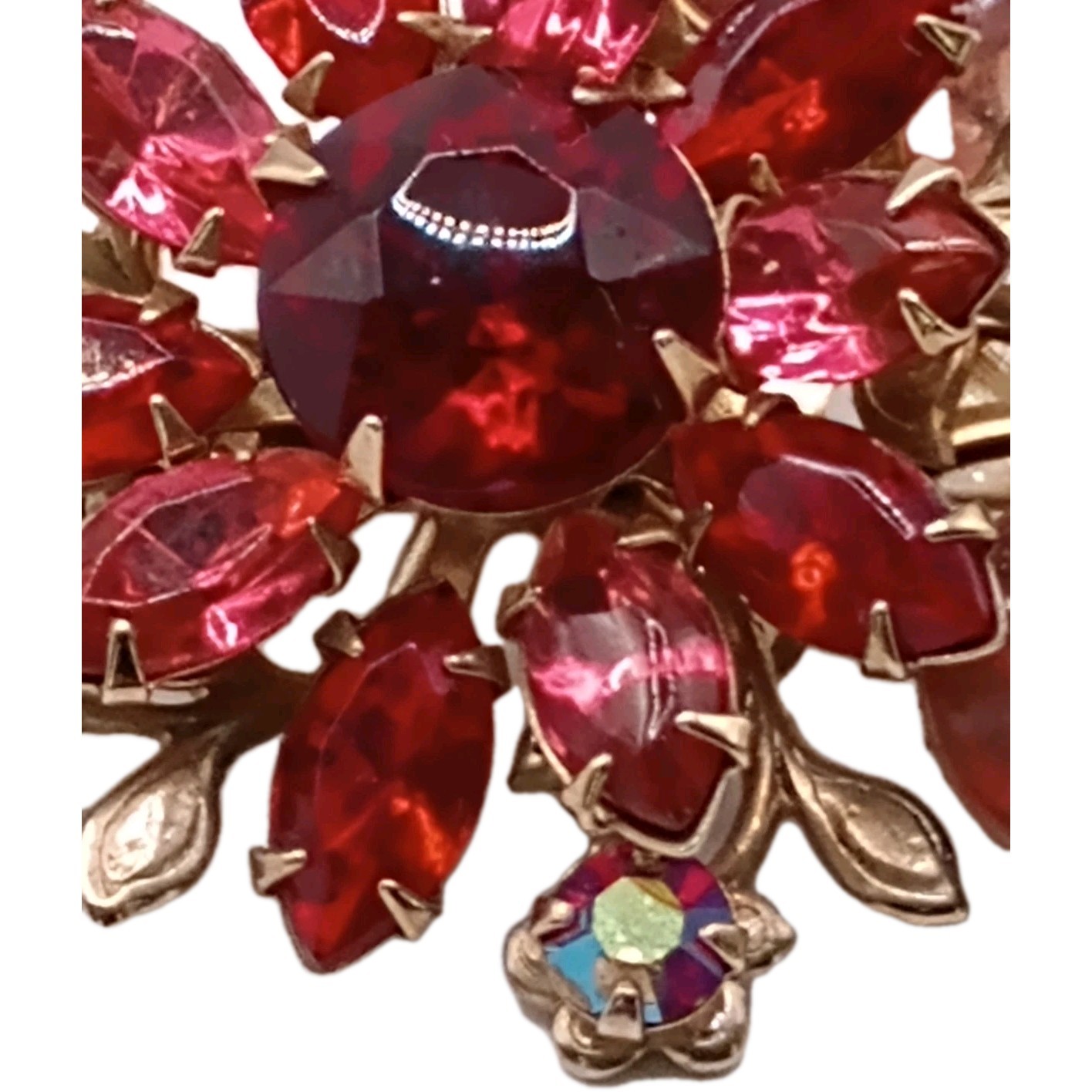 Vintage Ruby Red Floral Rhinestone Brooch Aurora Borealis Accent Pin 2 In