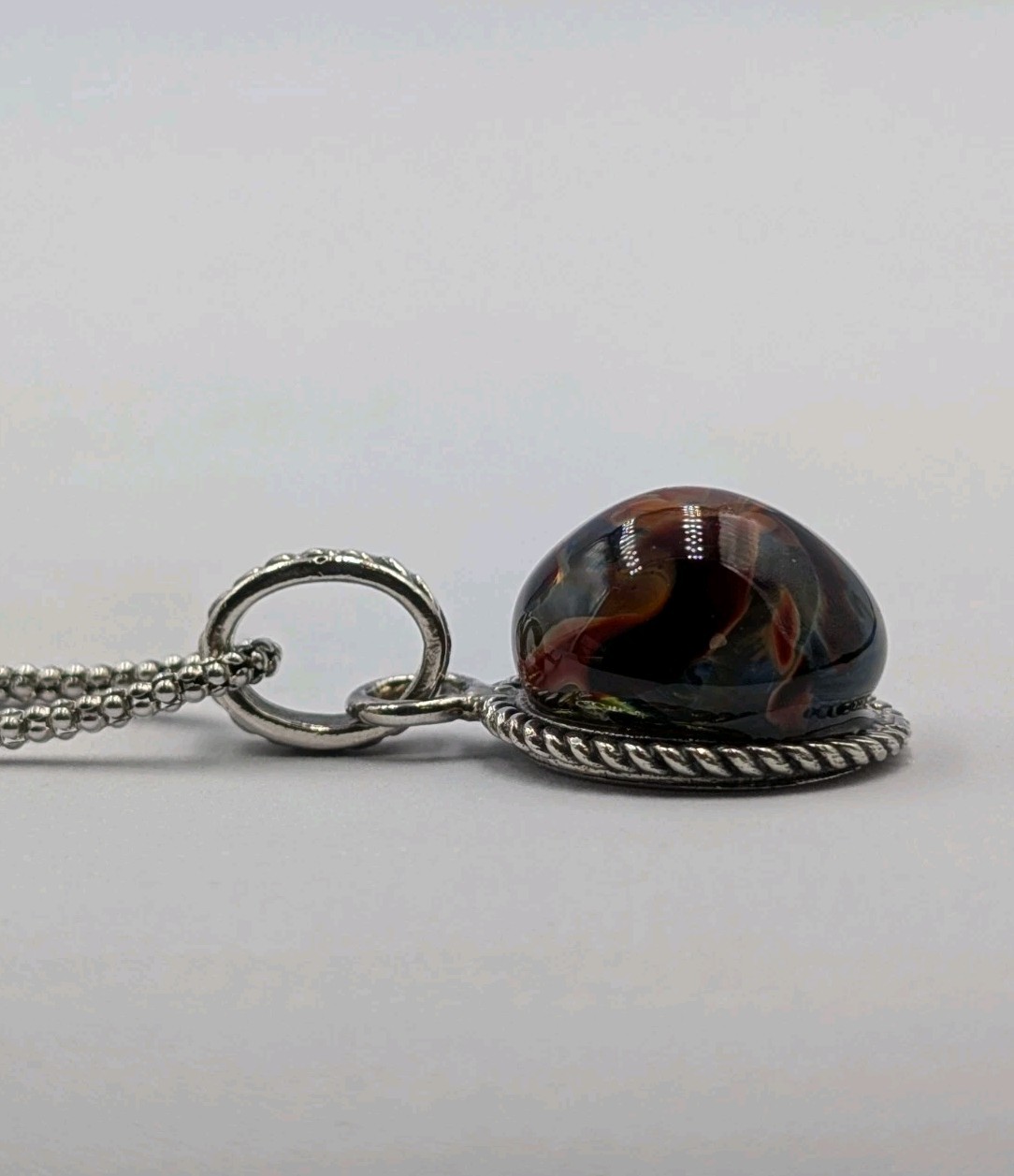 Vtg Sterling Silver Multi Color Art Glass Dome Pendant 18″ Popcorn 925 Necklace