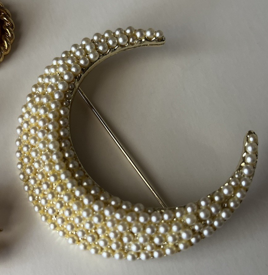 Vintage Seed Pearl Brooch Lot BSK ART TACOA moon fleur de lis Victorian Revival