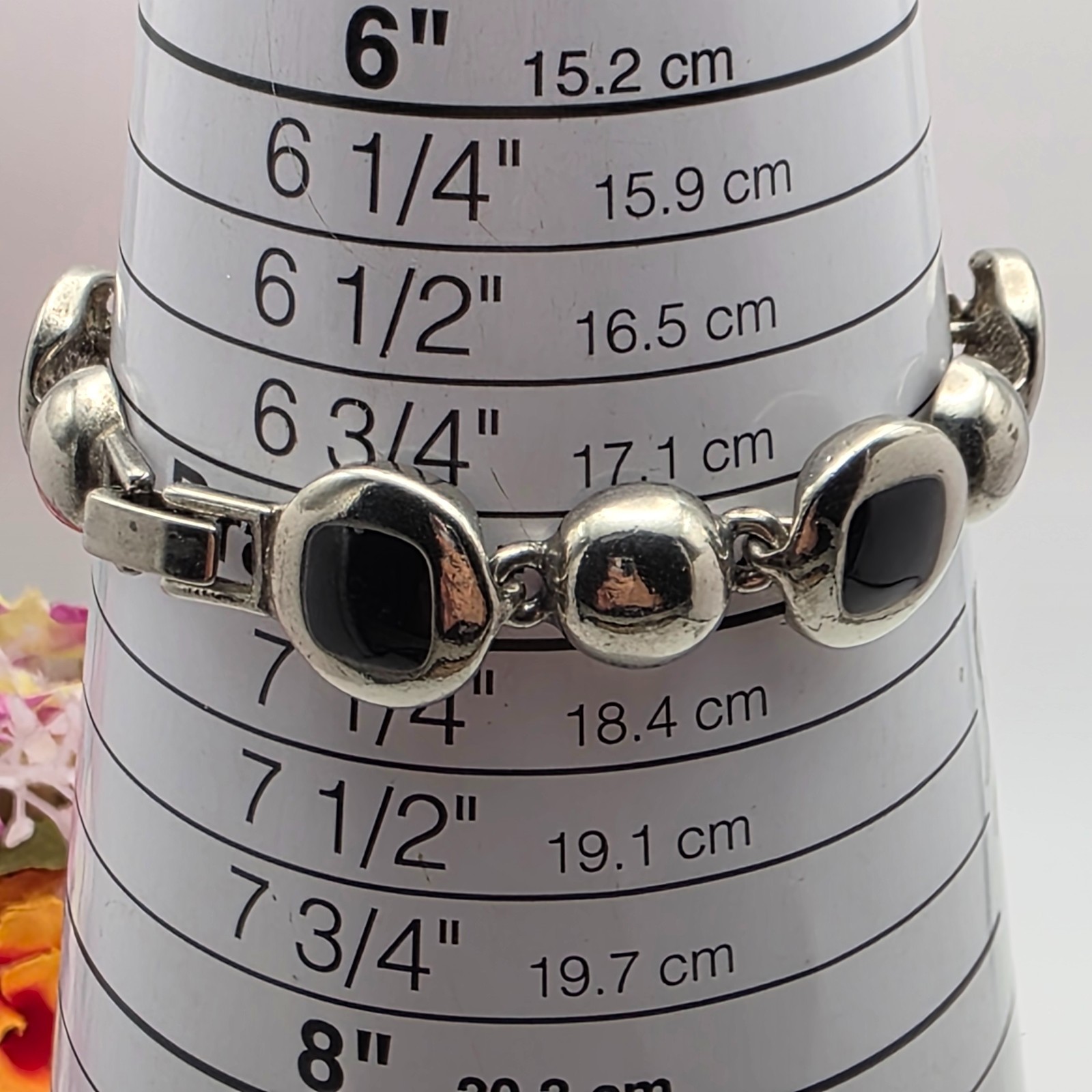 Vintage Silver Tone Black Enamel Link Bracelet Chunky Modernist 7in