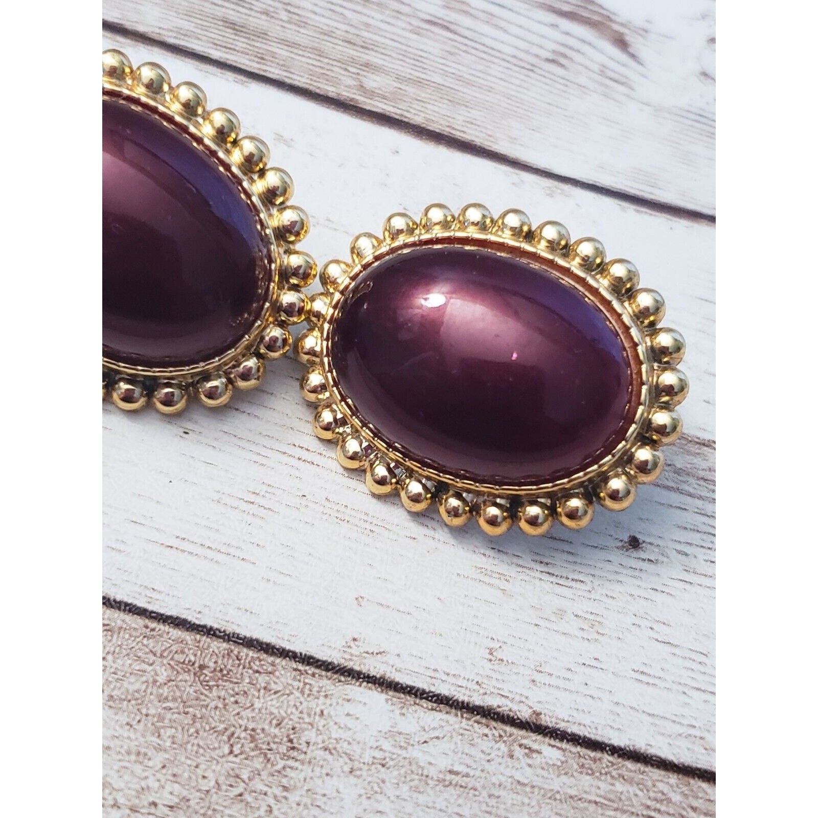 Vintage Clip On Earrings Large Chunky Statement Brown with Gold Tone Halo