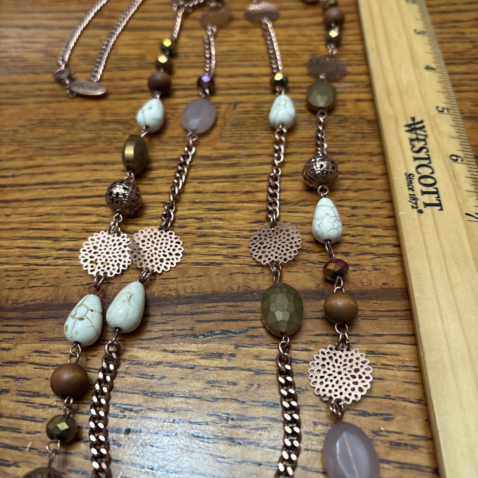 COLDWATER CREEK Quartz Stone & Wood Beaded Multi Strand Necklace Brown Boho