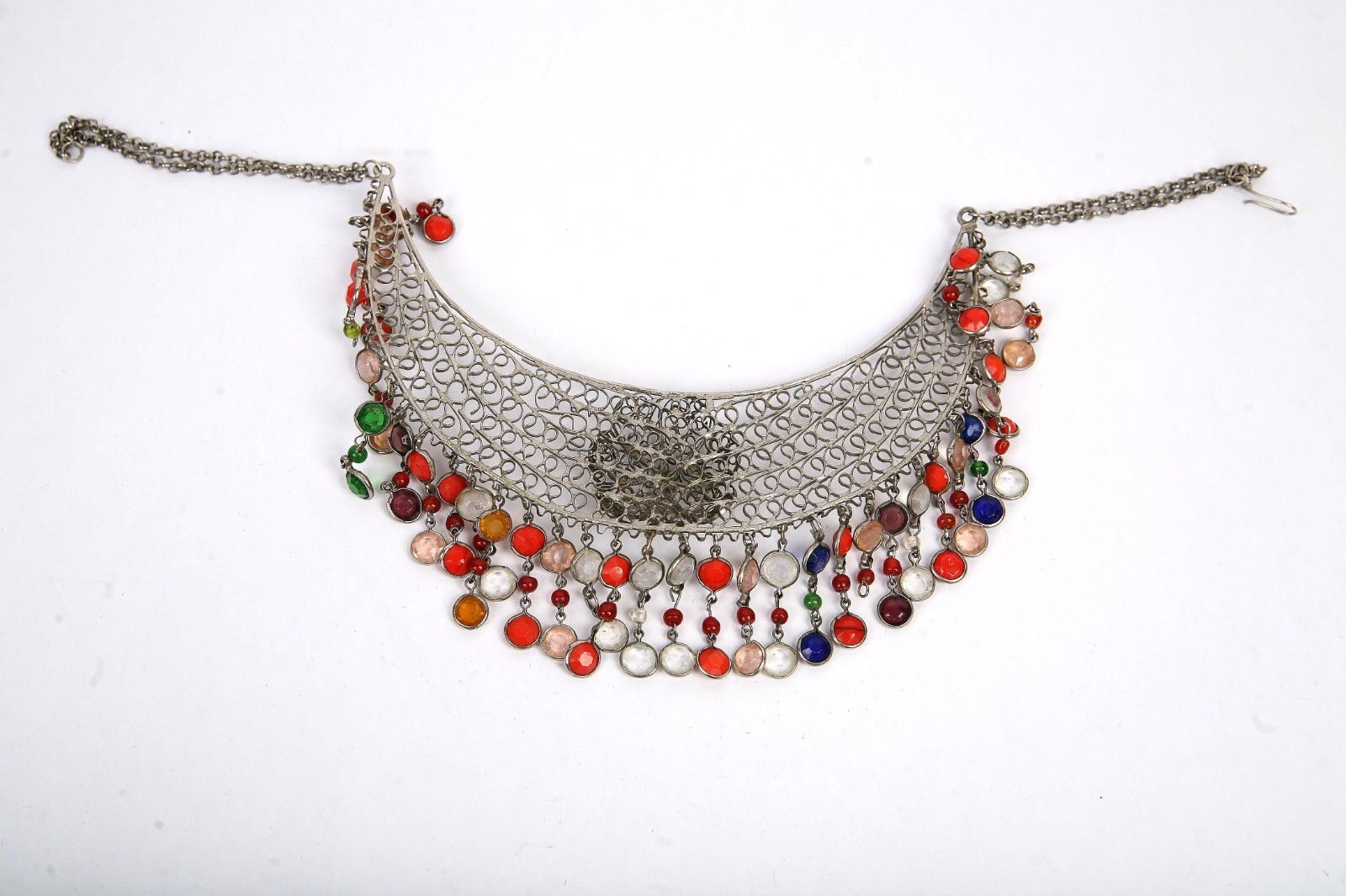 Vintage Bib Collar Choker Necklace Beaded Fringe Artisan Hand Made Mesh Filigree