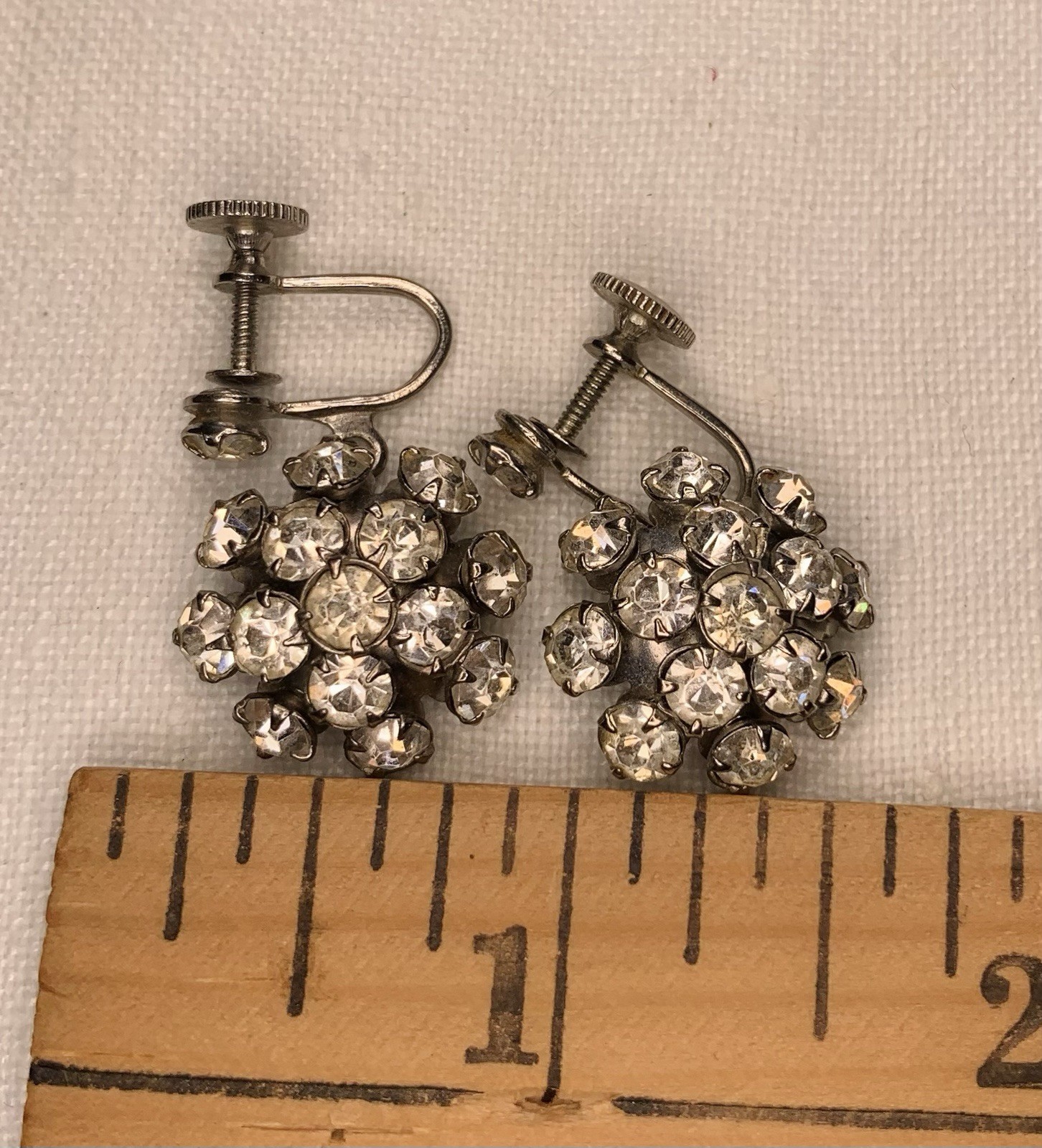 Vintage MCM Silvertone Rhinestone Cluster Prong Set Screw Back Dangle Earrings