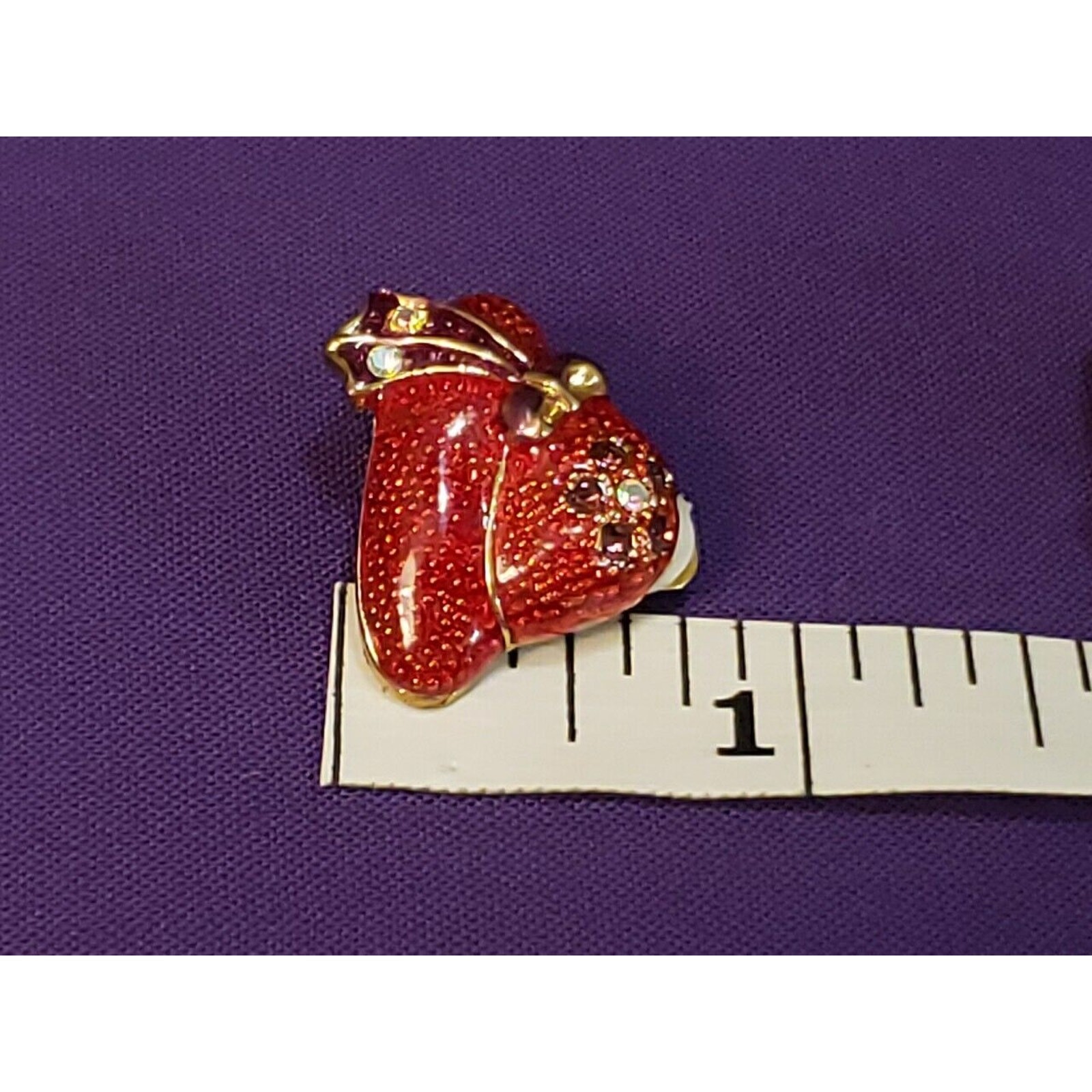Red Hat Clip On Earrings, Red & Purple Enamel Aurora Borealis Crystals Gold Tone