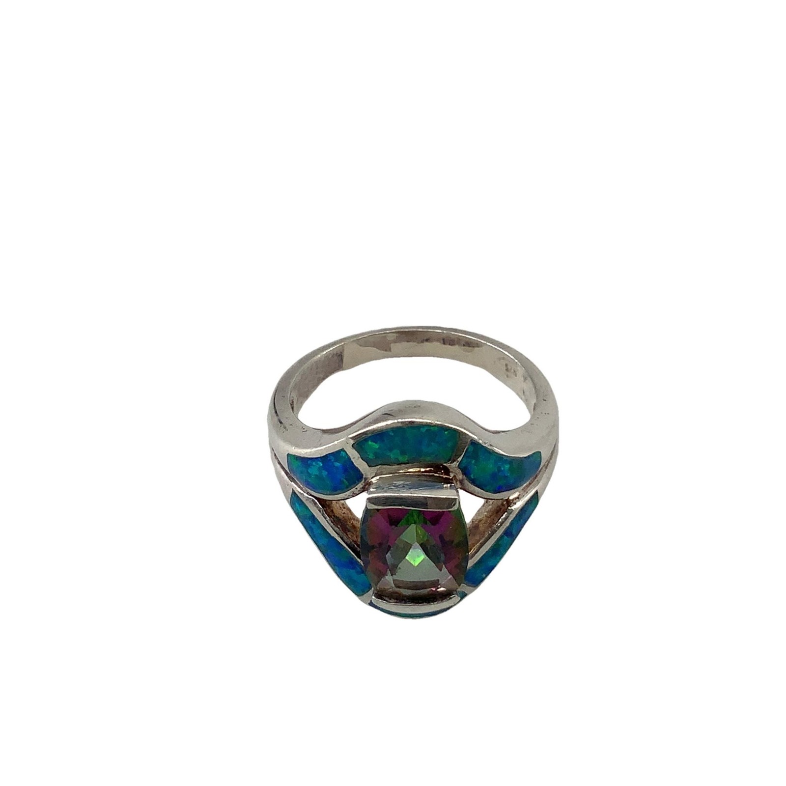 Mystic Topaz and Blue Fire Opal Inlay Vintage 925 Sterling Silver Ring sz 7 1/2