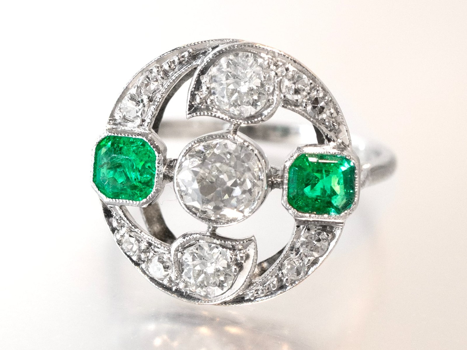 Antique 0.61Ct Emerald and 1.45Ct Diamond 18k White Gold Ring Circa 1920