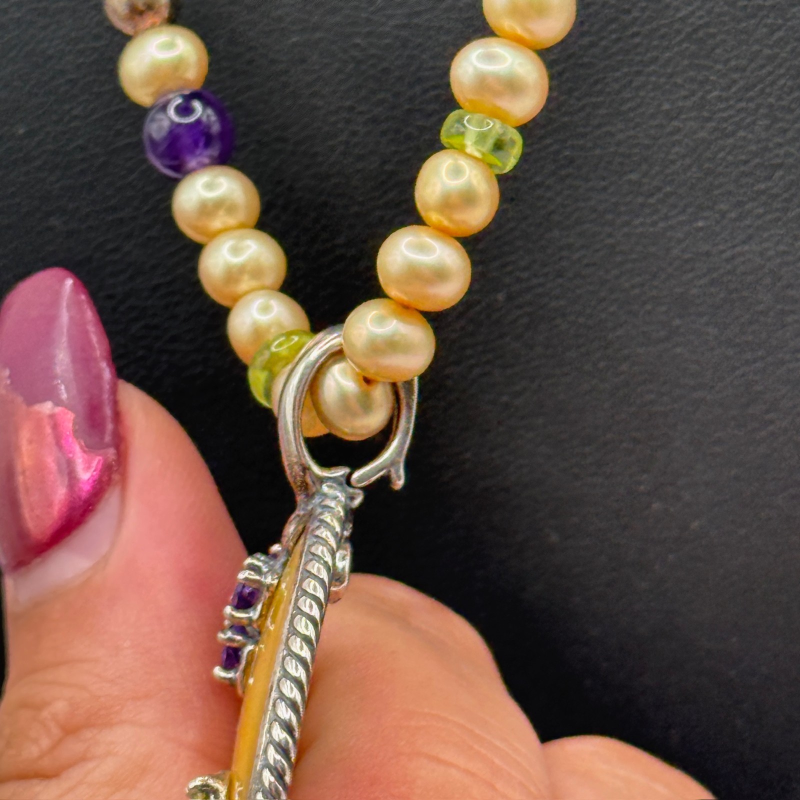 VTG Carolyn Pollack Gold MOP Peridot Amethyst Beaded Pendant Necklace 925 Silver