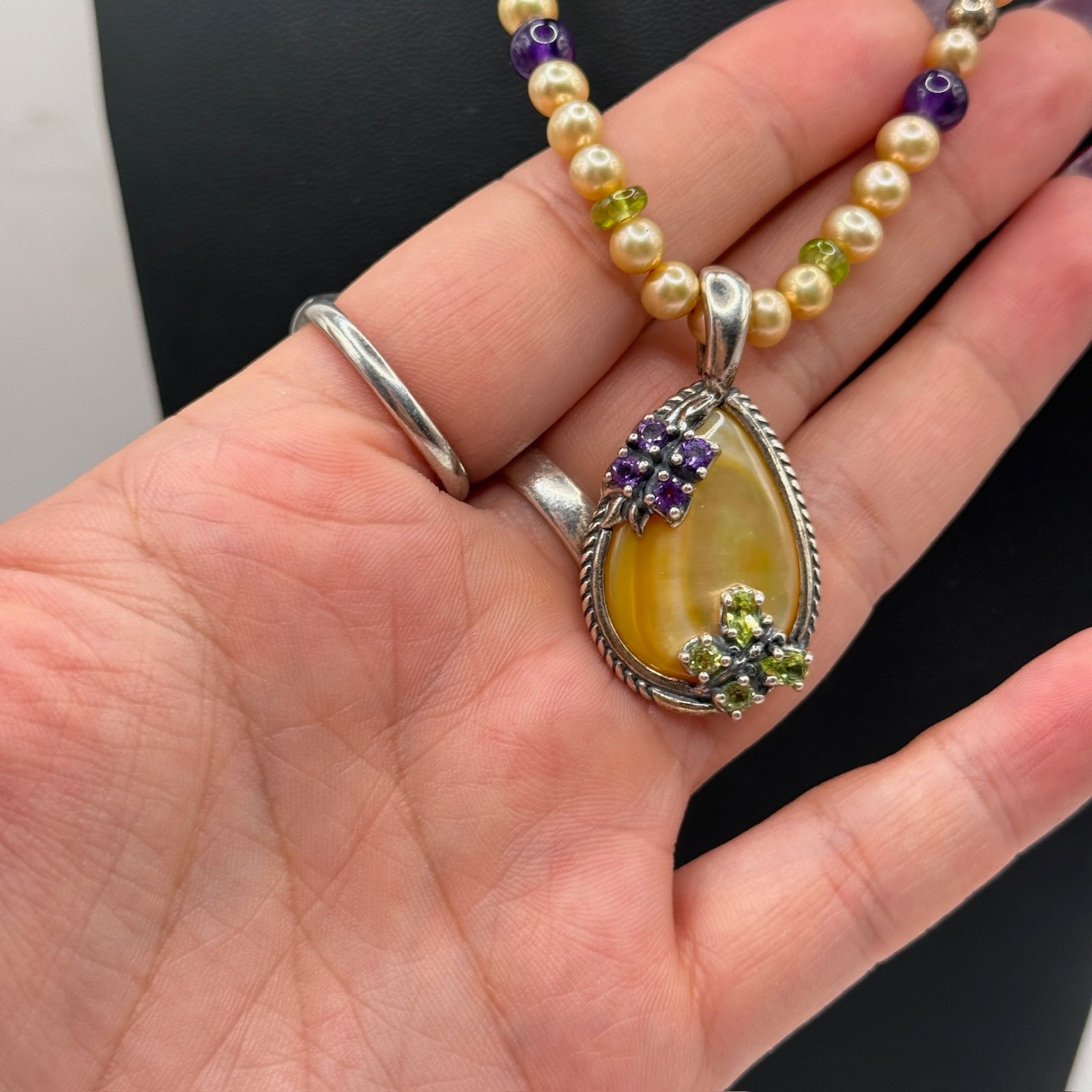 VTG Carolyn Pollack Gold MOP Peridot Amethyst Beaded Pendant Necklace 925 Silver