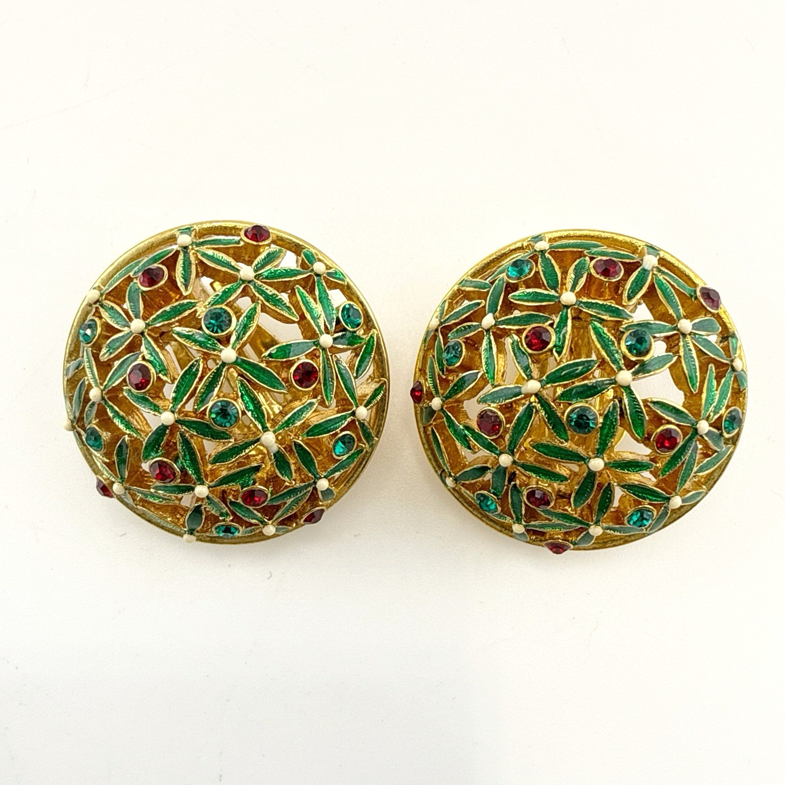 Joan Rivers Earrings Rhinestone Green Red Blue CLIP ON Enamel Jewel Gold Round
