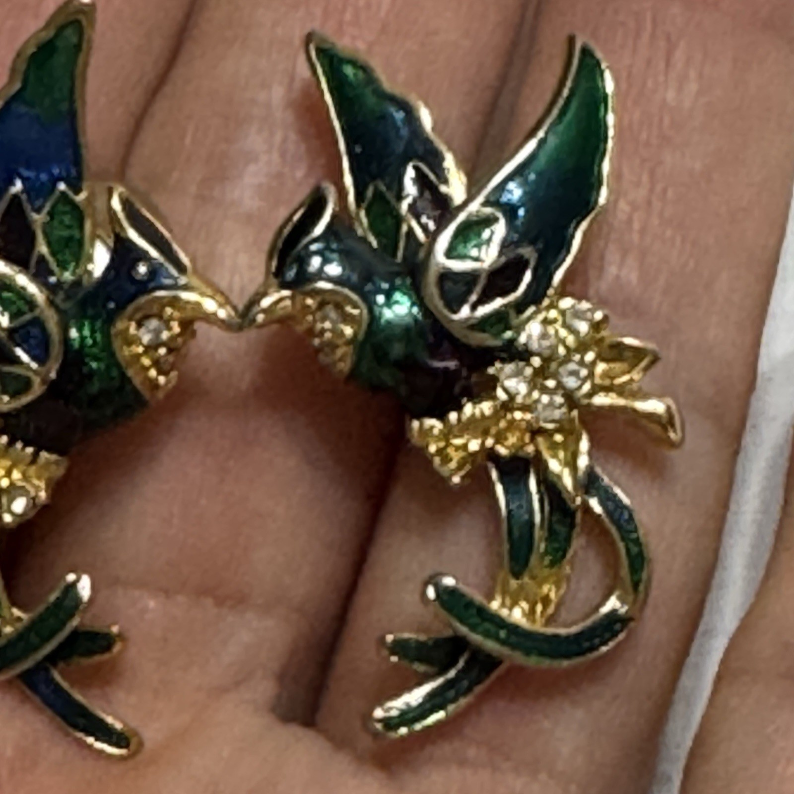 Vtg Enamel Hummingbird Pireced earrings Rhinestone Blue Green Large Stud Vivid