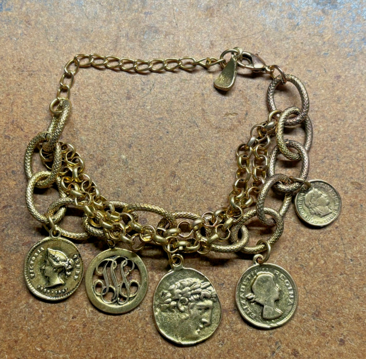 Vintage YOCHI NY Multi Chain Link GREEN ROMAN BRITISH SWISS GOLD COIN Bracelet