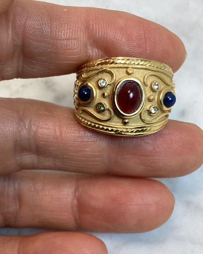 Vintage Gold Plated Byzantine Greek Faux Ruby Sapphire Peridot Ring Size 7