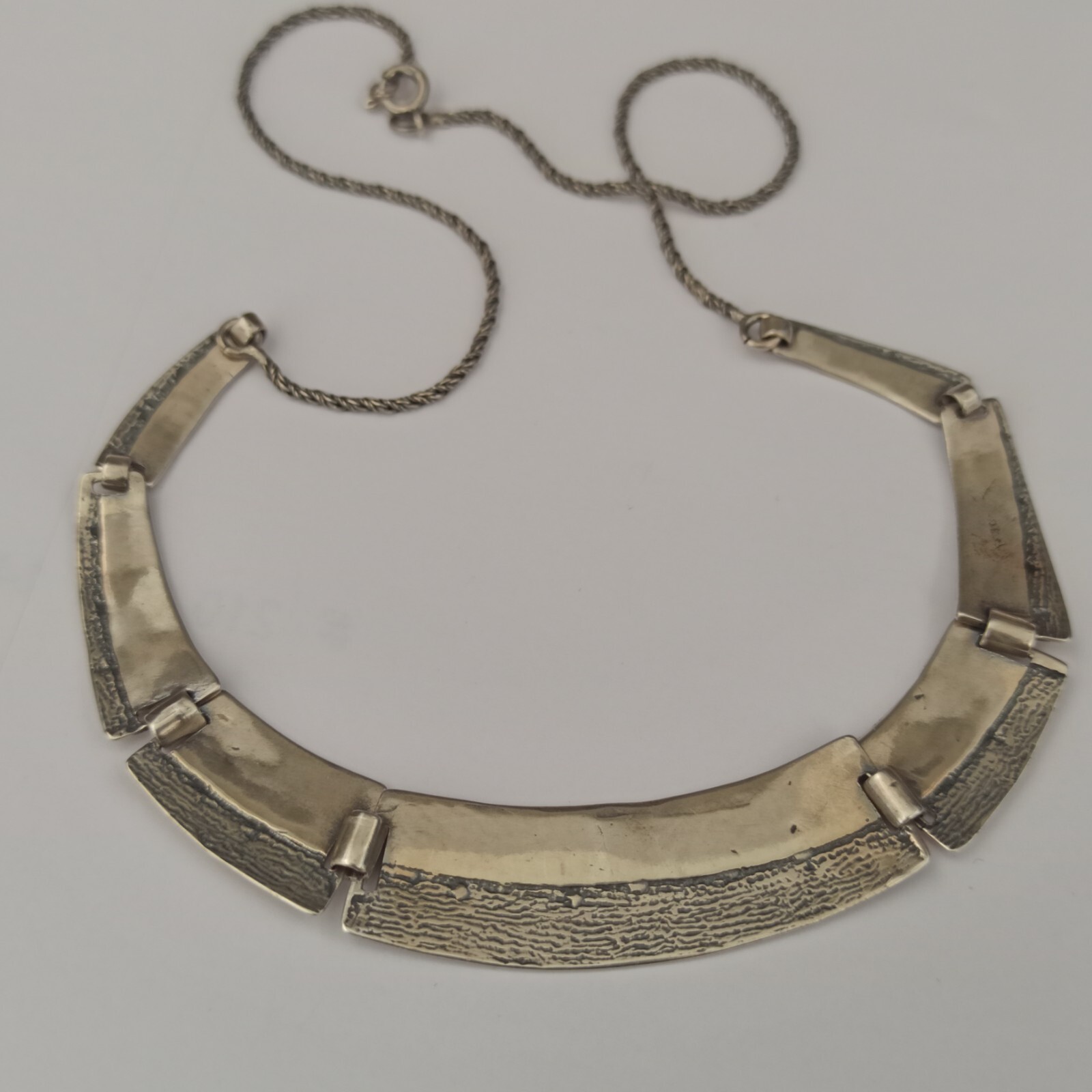 VTG Silver Artisan Necklace Modernist Articulated Links Textured Bib 90s Gift