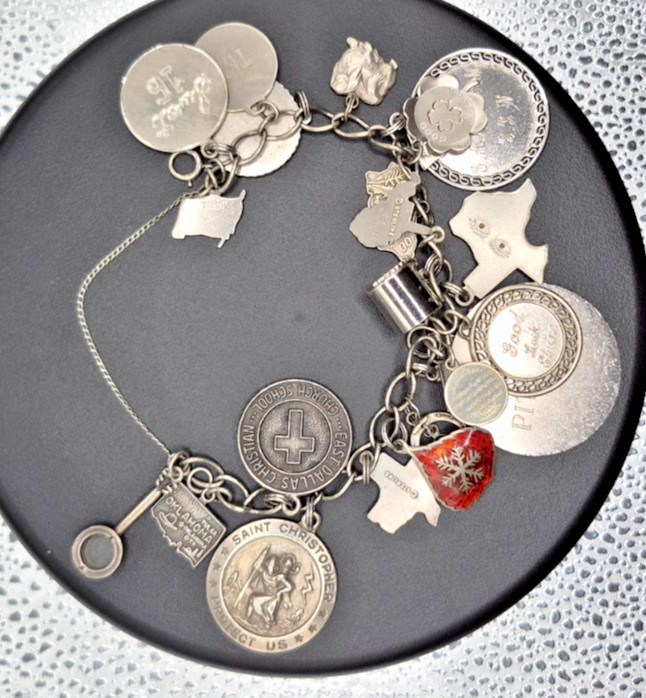 Vintage Sterling Silver LOVE Charm Bracelet w/ 23 RARE Charms 7–Dates 40’s-60’s