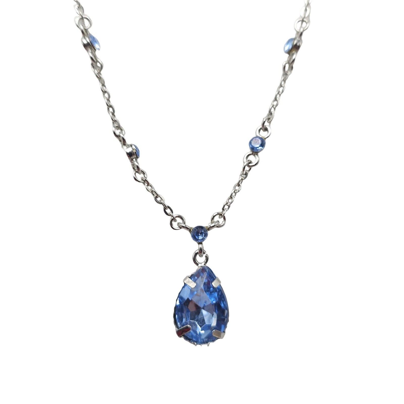 Blue Rhinestone Crystal Station Pendant Chain Necklace Silver Tone Vintage