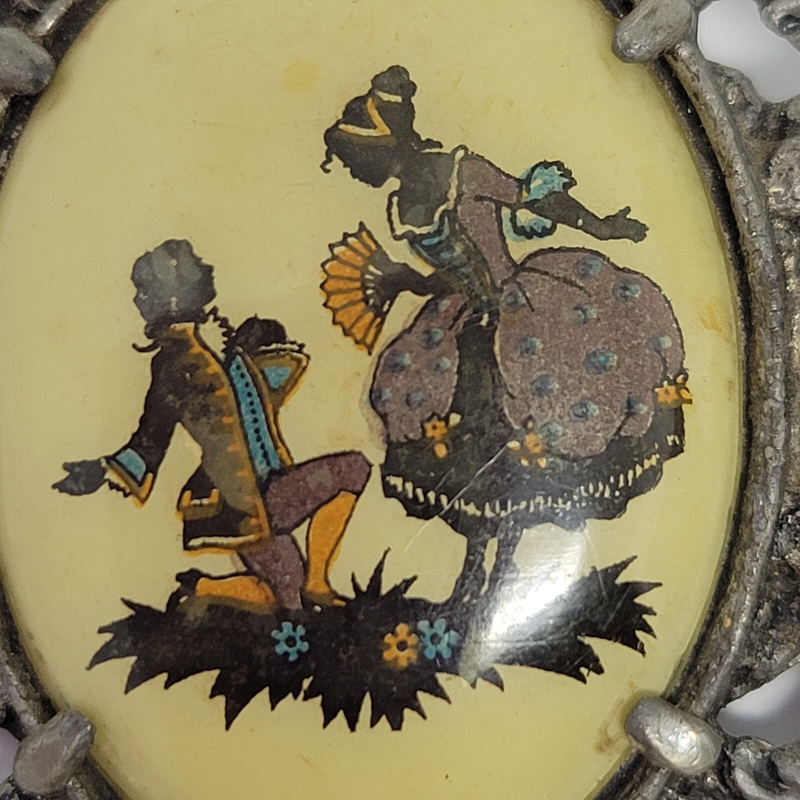 Antique Victorian Porcelain Courting Couple Repousse Pewter Brooch Large