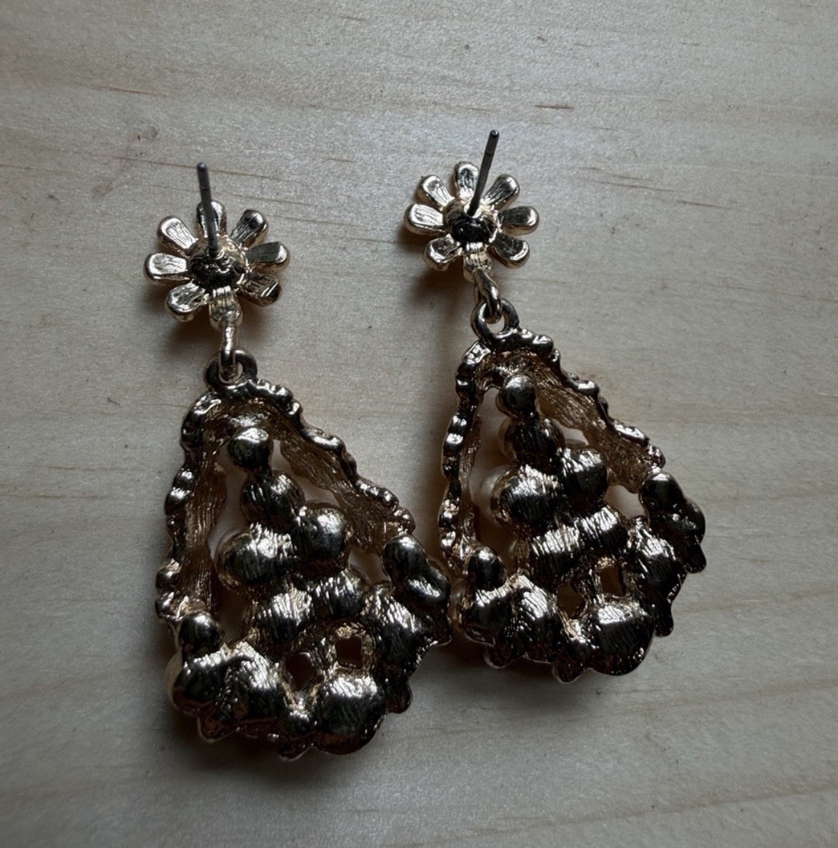 Vintage Faux Pearl Chandelier Dangle Earrings Gold Tone with Floral Post