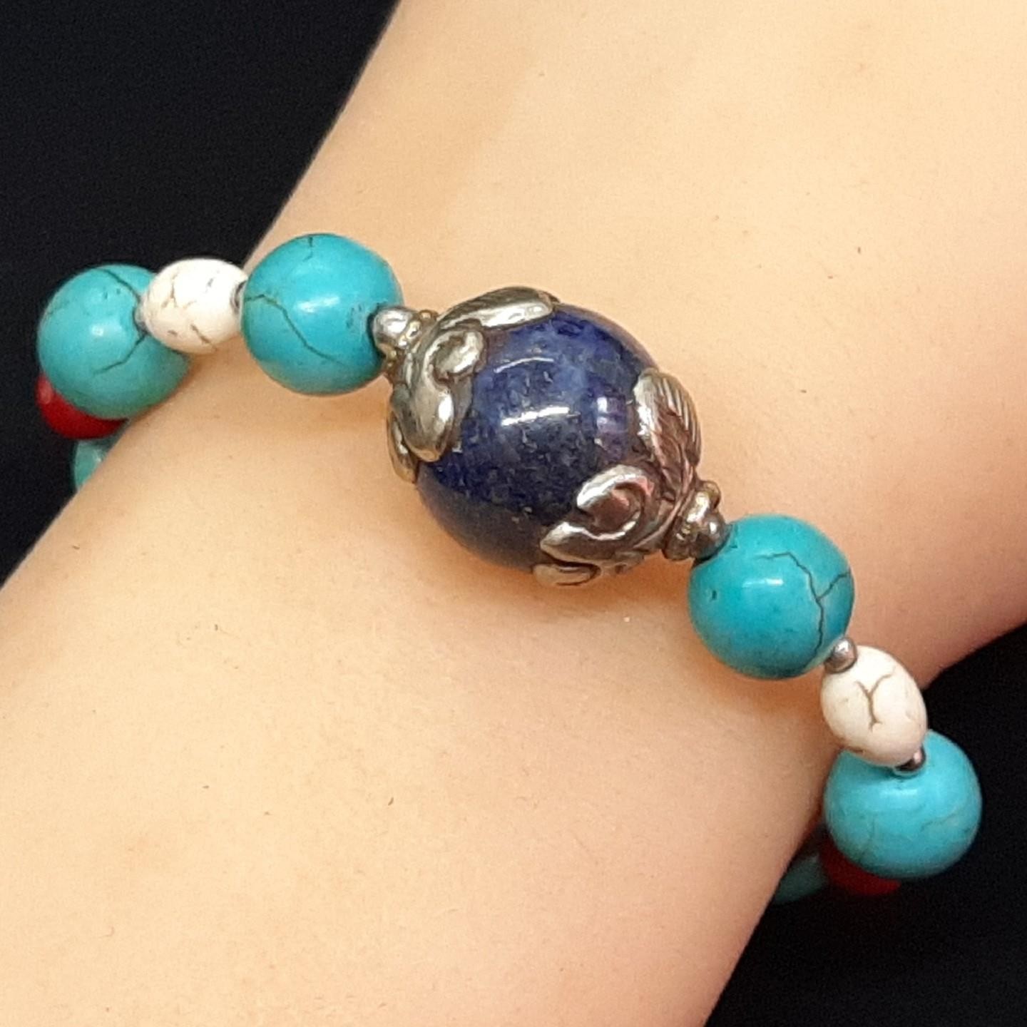 Vintage 53.50ctw Blue Turquoise, Coral & Lapis Lazuli Silver Bracelet 21.4g