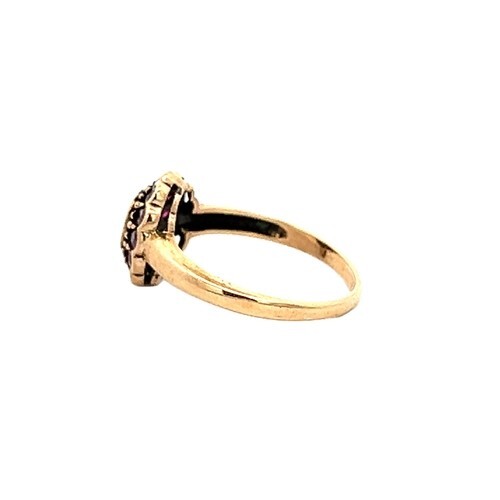 Vintage Red Oval Ruby 6×4 Halo design 1.20tcw ring 9 karat yellow gold sz 6.5