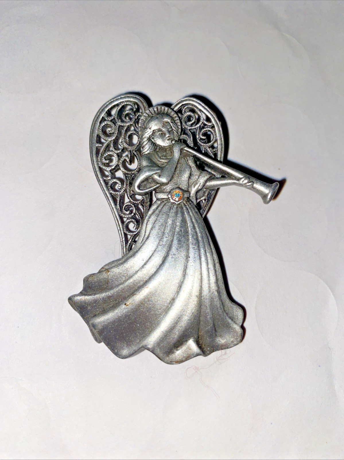 JJ Jonette Pewter Angel Brooch Pin Rhinestone Jewelry Vintage, Christmas