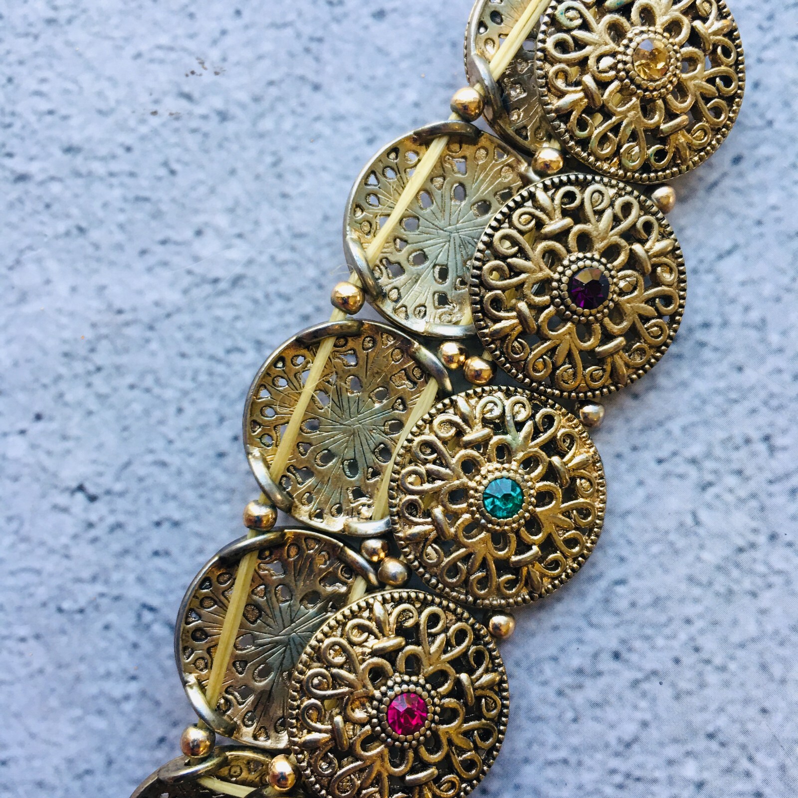 Gold Tone Filigree Multi Colored Rhinestone Expanding Bracelet 4″