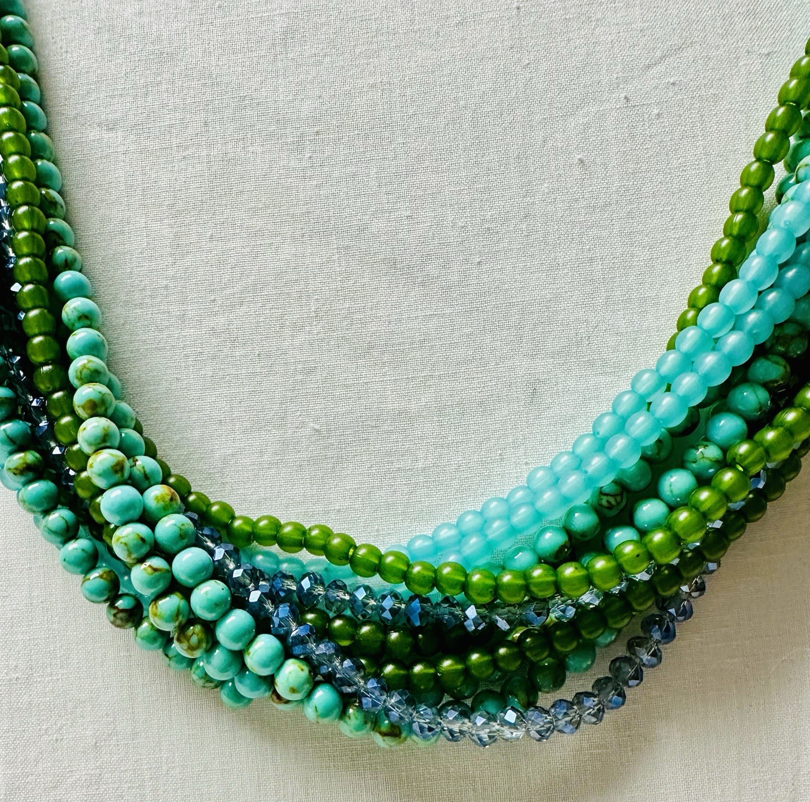 Multi Strand Blue Green Bead Bib Torsade Style Necklace n051