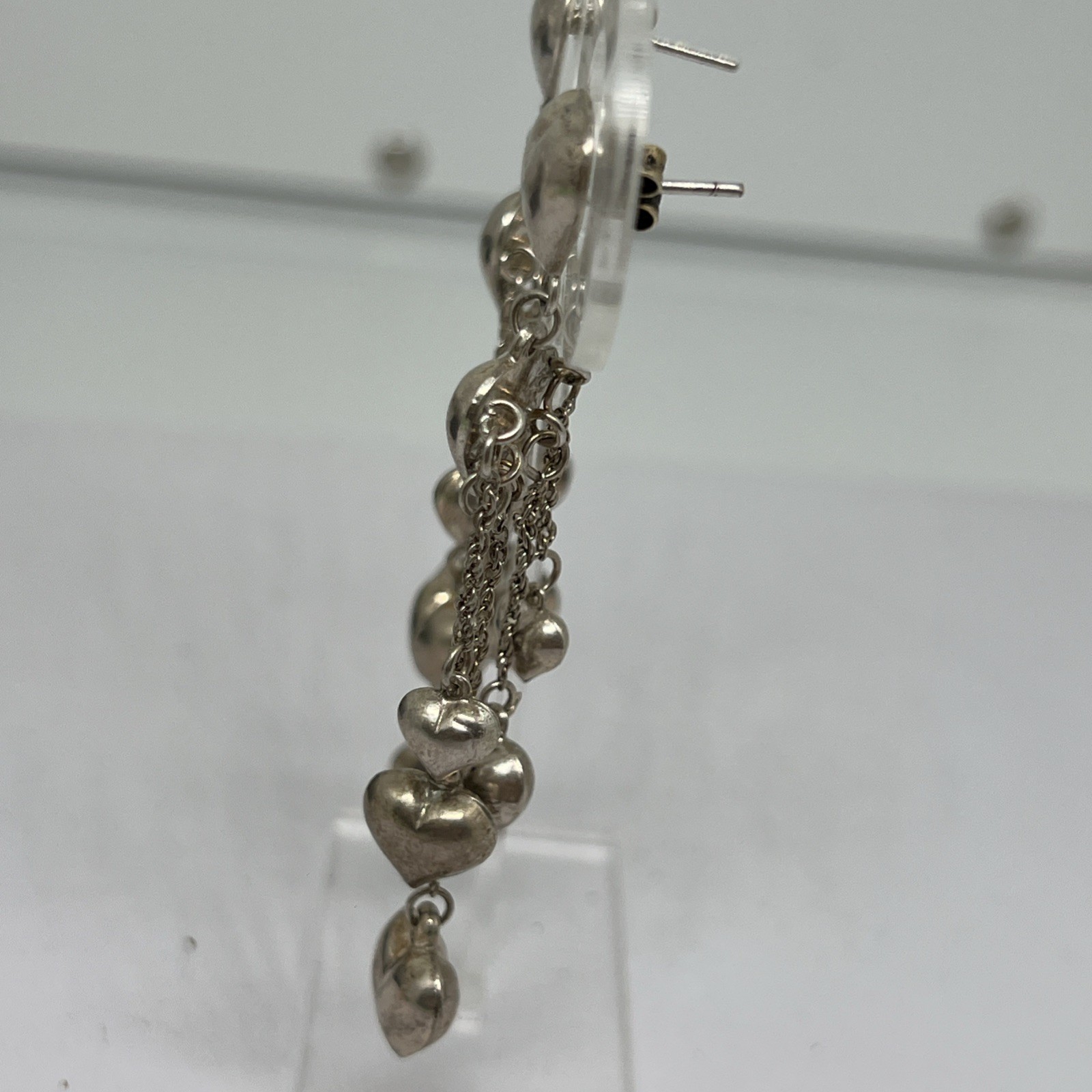 Vintage 925 Sterling Silver Puffy Heart Dangle Chandelier Earrings Signed CW 14