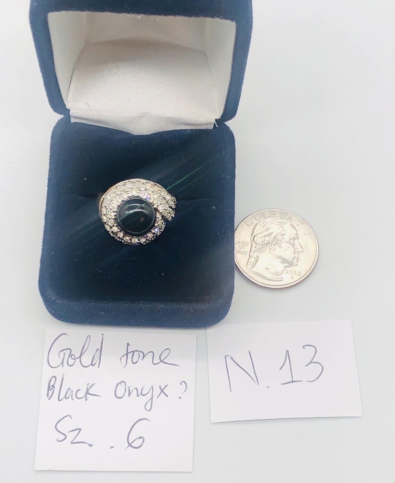 Vtg Gold Tone Black Onyx ? Clear Glass Rhinestone Cocktail Birthstone Ring Sz 6