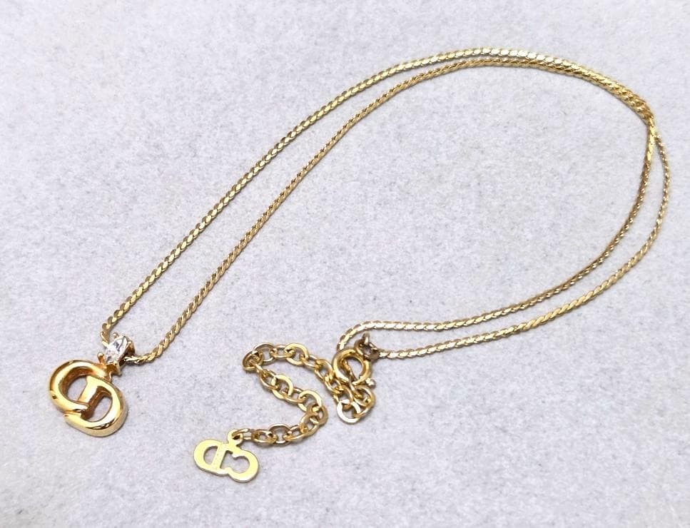 Christian Dior CD Logo Rhinestone Gold Necklace 45cm Vintage