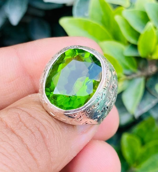 Very Big Peridot Stone Ring Big Vivid Green Peridot For Men Engraved Ring Silver