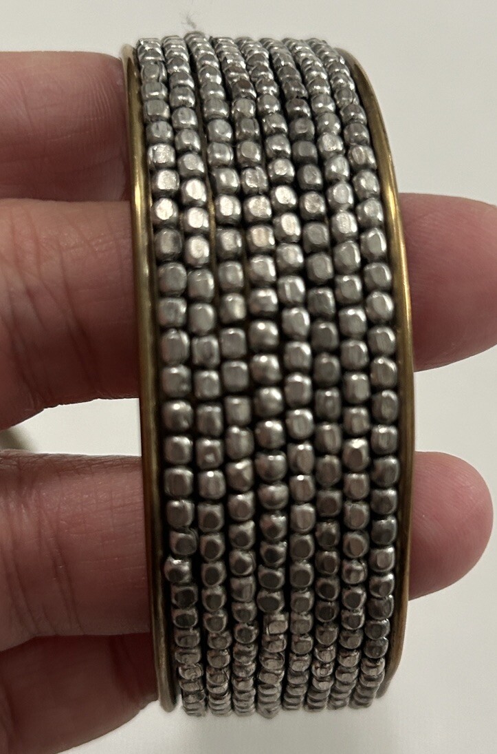 Vintage Silver Tone Metal Beaded Brass Bangle Set Of Two