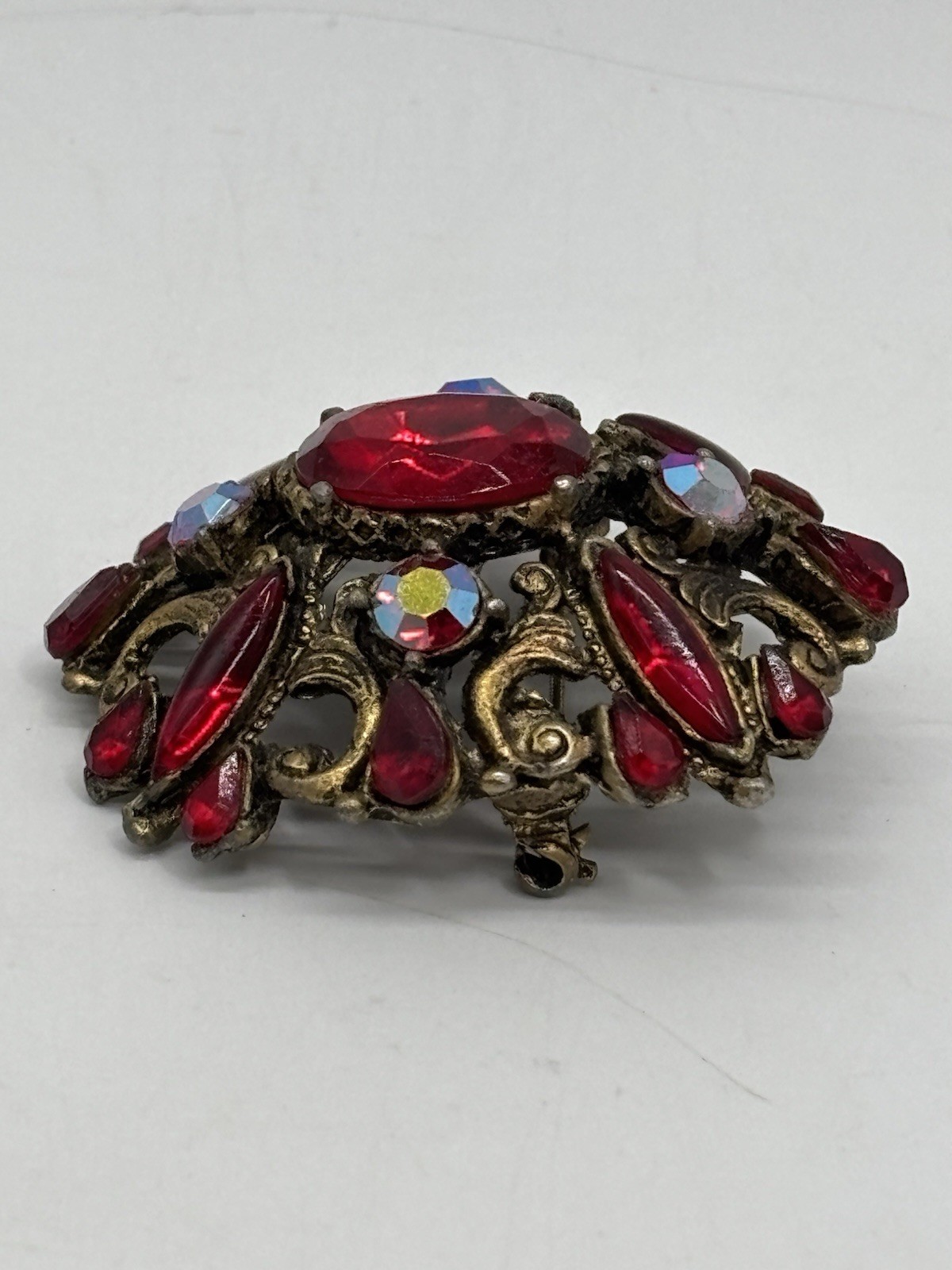 Vintage Red And Iridescent Rhinestone Brooch Antique Gold Tone 2”